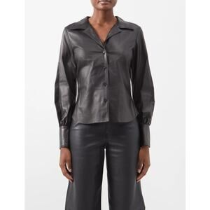 Frame Denim Black Lamb Leather Long Sleeve Button-Down Shirt‎ Size XS